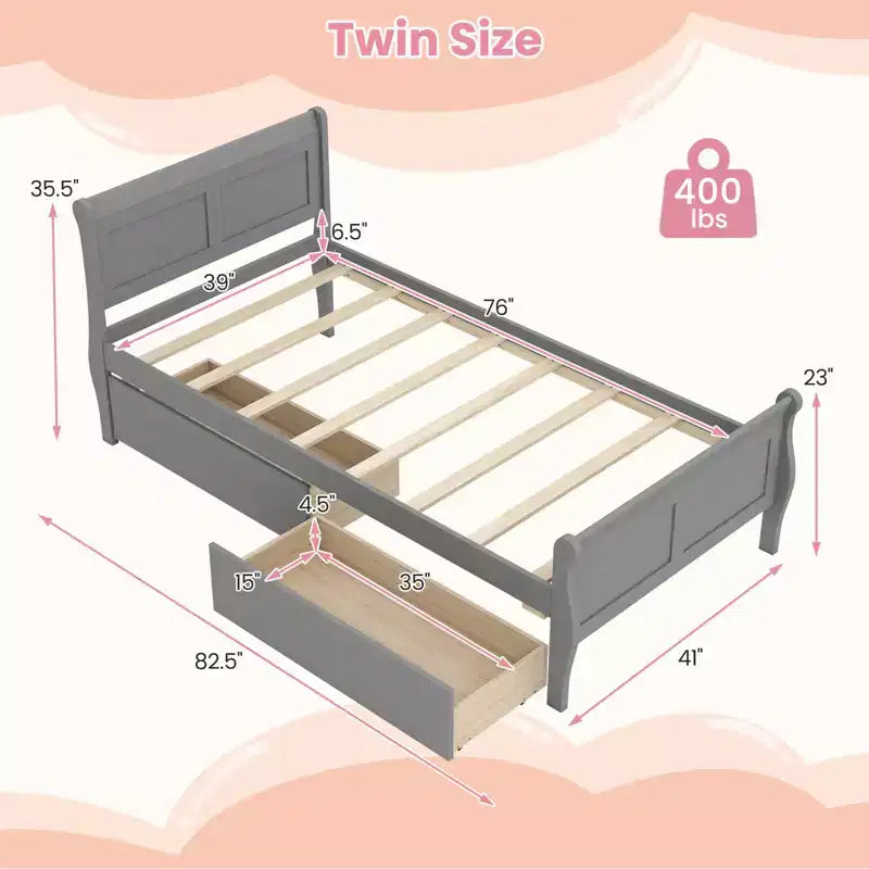 Costway Twin Size Bed Frame with 2 Storage Drawers Wood Platform Bed with Headboard Beige/White