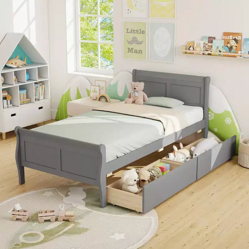 Costway Twin Size Bed Frame with 2 Storage Drawers Wood Platform Bed with Headboard Beige/White