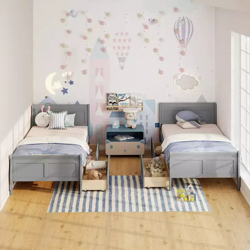 Costway Twin Size Bed Frame with 2 Storage Drawers Wood Platform Bed with Headboard Beige/White