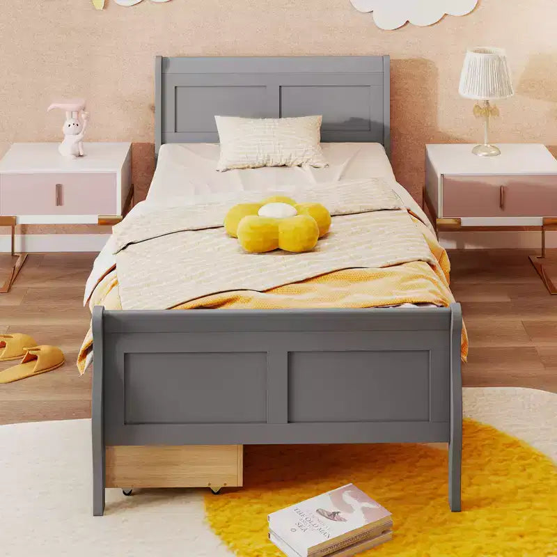 Costway Twin Size Bed Frame with 2 Storage Drawers Wood Platform Bed with Headboard Beige/White