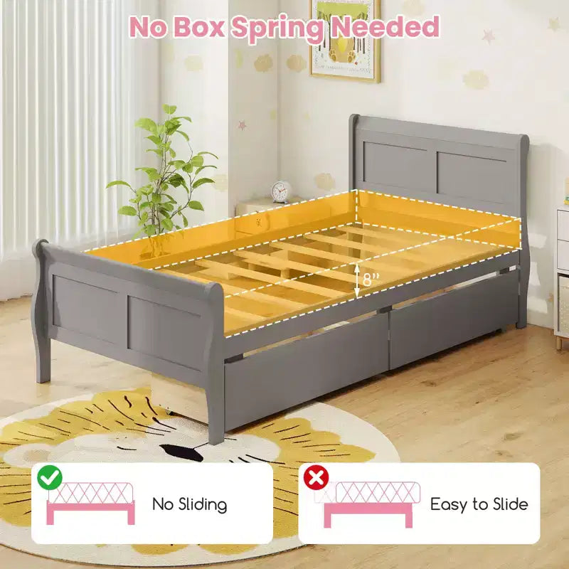 Costway Twin Size Bed Frame with 2 Storage Drawers Wood Platform Bed with Headboard Beige/White