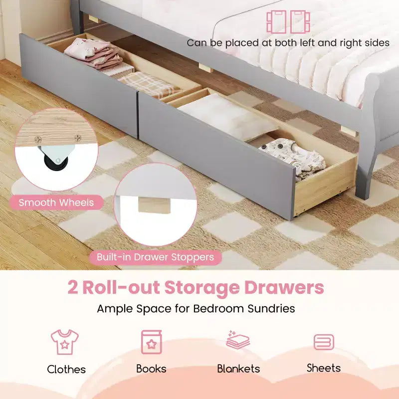 Costway Twin Size Bed Frame with 2 Storage Drawers Wood Platform Bed with Headboard Beige/White