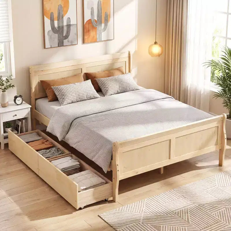 Costway Twin Size Bed Frame with 2 Storage Drawers Wood Platform Bed with Headboard Beige/White
