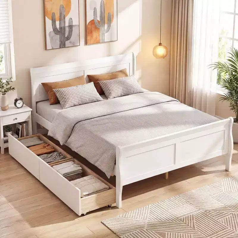Costway Twin Size Bed Frame with 2 Storage Drawers Wood Platform Bed with Headboard Beige/White