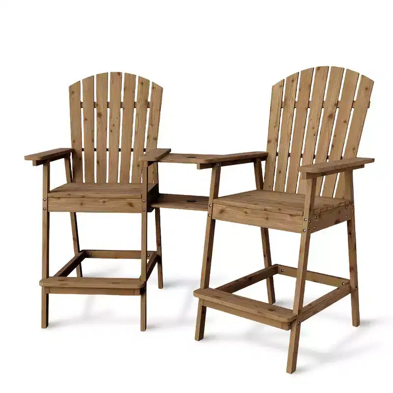 Adirondack Chairs Set of 2 with Connecting Tray,Bar Height Balcony Chairs Adirondack for Deck, Backyard,Tall Adirondack Chairs,Natural Wood