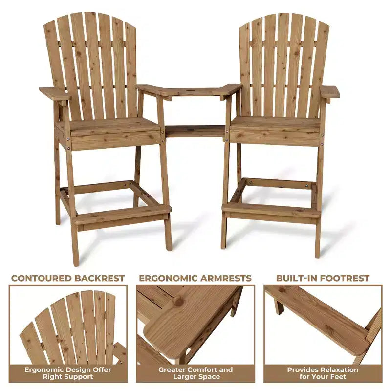 Adirondack Chairs Set of 2 with Connecting Tray,Bar Height Balcony Chairs Adirondack for Deck, Backyard,Tall Adirondack Chairs,Natural Wood