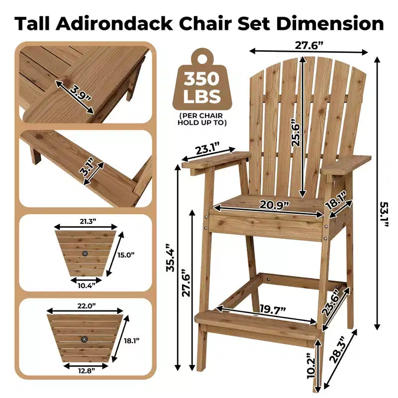 Adirondack Chairs Set of 2 with Connecting Tray,Bar Height Balcony Chairs Adirondack for Deck, Backyard,Tall Adirondack Chairs,Natural Wood