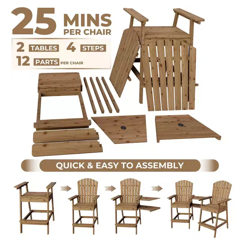 Adirondack Chairs Set of 2 with Connecting Tray,Bar Height Balcony Chairs Adirondack for Deck, Backyard,Tall Adirondack Chairs,Natural Wood