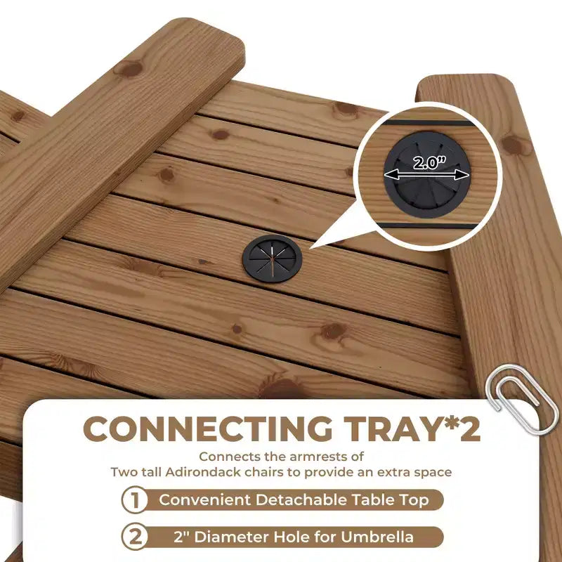 Adirondack Chairs Set of 2 with Connecting Tray,Bar Height Balcony Chairs Adirondack for Deck, Backyard,Tall Adirondack Chairs,Natural Wood