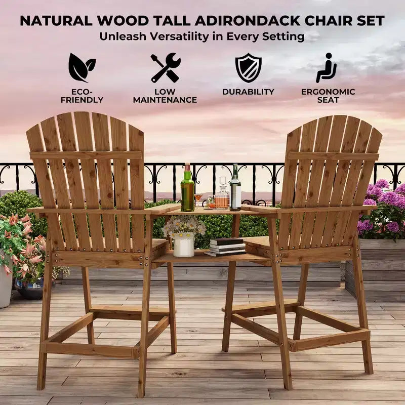 Adirondack Chairs Set of 2 with Connecting Tray,Bar Height Balcony Chairs Adirondack for Deck, Backyard,Tall Adirondack Chairs,Natural Wood