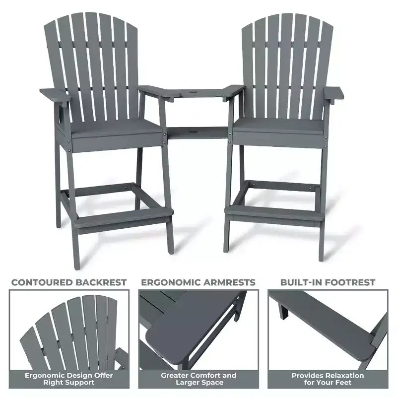 Adirondack Chairs Set of 2 with Connecting Tray,Bar Height Balcony Chairs Adirondack for Deck, Backyard,Tall Adirondack Chairs,Natural Wood