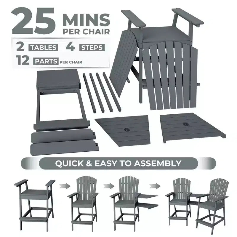 Adirondack Chairs Set of 2 with Connecting Tray,Bar Height Balcony Chairs Adirondack for Deck, Backyard,Tall Adirondack Chairs,Natural Wood