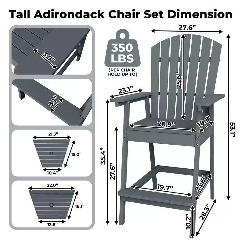 Adirondack Chairs Set of 2 with Connecting Tray,Bar Height Balcony Chairs Adirondack for Deck, Backyard,Tall Adirondack Chairs,Natural Wood
