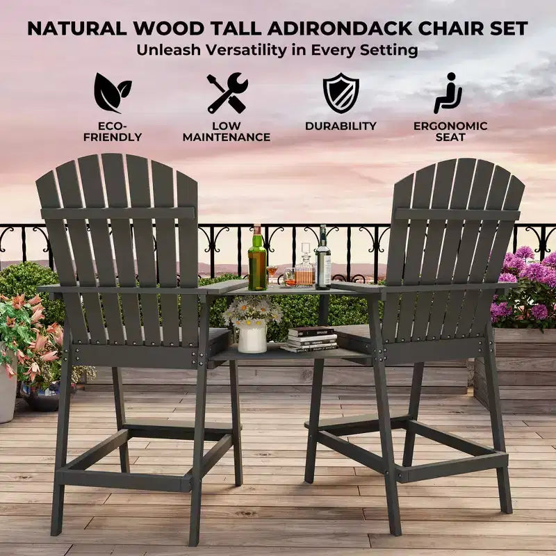 Adirondack Chairs Set of 2 with Connecting Tray,Bar Height Balcony Chairs Adirondack for Deck, Backyard,Tall Adirondack Chairs,Natural Wood