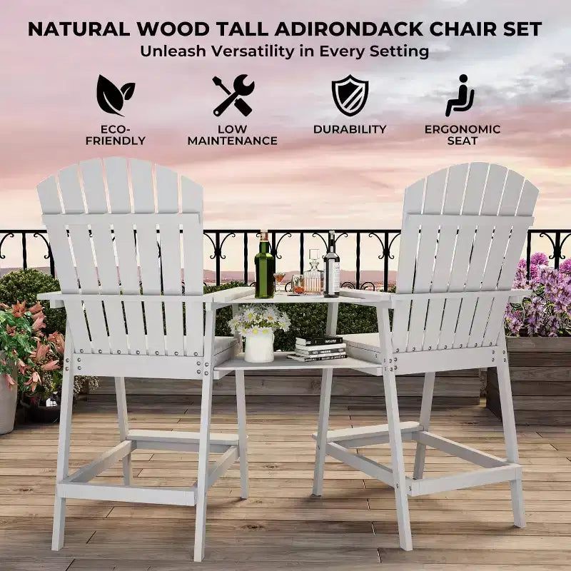 Adirondack Chairs Set of 2 with Connecting Tray,Bar Height Balcony Chairs Adirondack for Deck, Backyard,Tall Adirondack Chairs,Natural Wood
