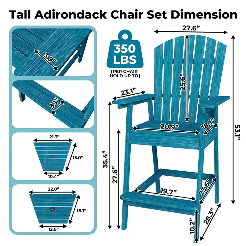 Adirondack Chairs Set of 2 with Connecting Tray,Bar Height Balcony Chairs Adirondack for Deck, Backyard,Tall Adirondack Chairs,Natural Wood