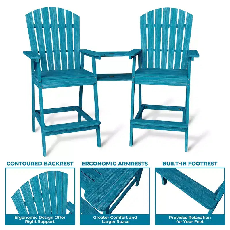 Adirondack Chairs Set of 2 with Connecting Tray,Bar Height Balcony Chairs Adirondack for Deck, Backyard,Tall Adirondack Chairs,Natural Wood
