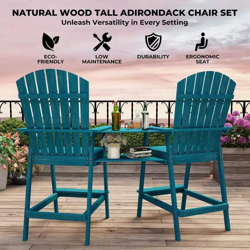 Adirondack Chairs Set of 2 with Connecting Tray,Bar Height Balcony Chairs Adirondack for Deck, Backyard,Tall Adirondack Chairs,Natural Wood