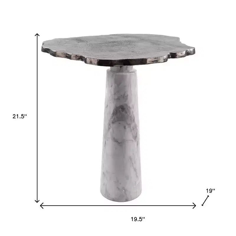 HomeRoots 22 Silver and White Aluminum and Marble Pedestal End Table