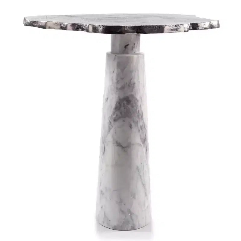 HomeRoots 22 Silver and White Aluminum and Marble Pedestal End Table