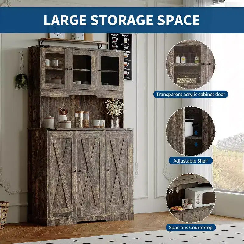 71 Tall Pantry Cabinet with Charging Station, Farmhouse Kitchen Hutch with Microwave Stand and Open Countertop for Living Room or Dining Room