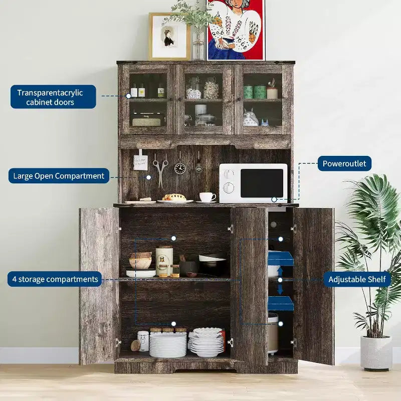 71 Tall Pantry Cabinet with Charging Station, Farmhouse Kitchen Hutch with Microwave Stand and Open Countertop for Living Room or Dining Room