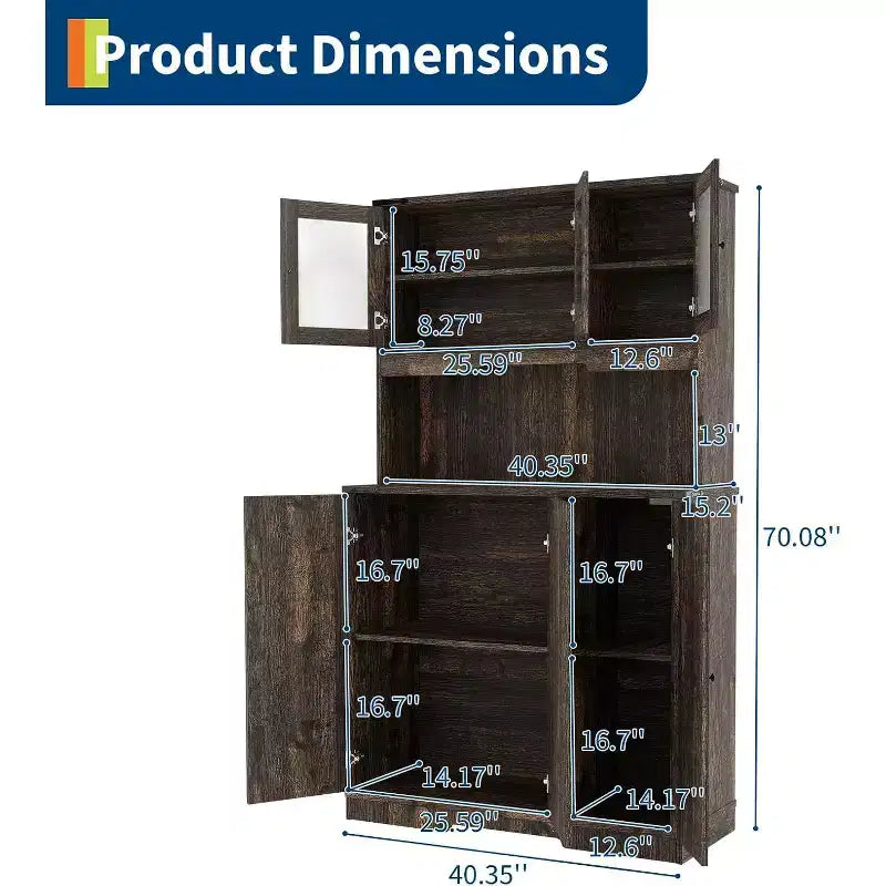 71 Tall Pantry Cabinet with Charging Station, Farmhouse Kitchen Hutch with Microwave Stand and Open Countertop for Living Room or Dining Room