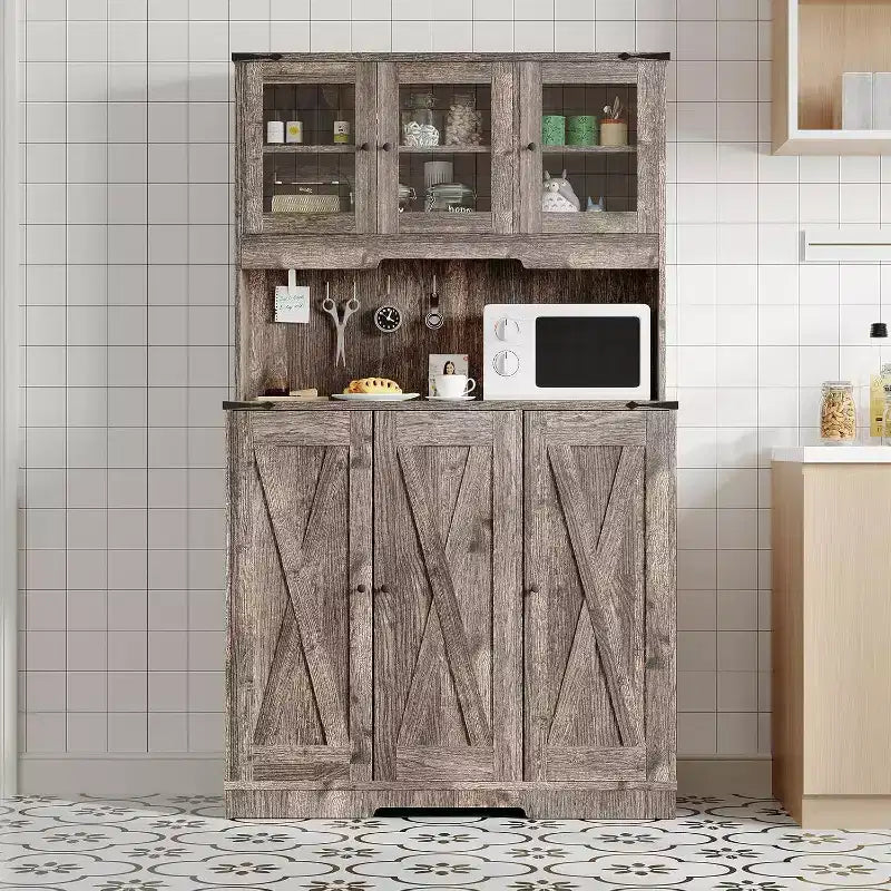 71 Tall Pantry Cabinet with Charging Station, Farmhouse Kitchen Hutch with Microwave Stand and Open Countertop for Living Room or Dining Room