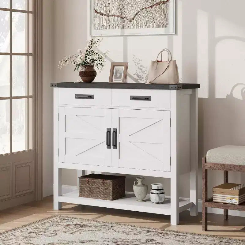 Farmhouse Entryway Table With 2-Door Cabinet & 2 Drawers, Wood Console Table With Storage, Coffee Bar Cabinet, Buffet Sideboard for Home