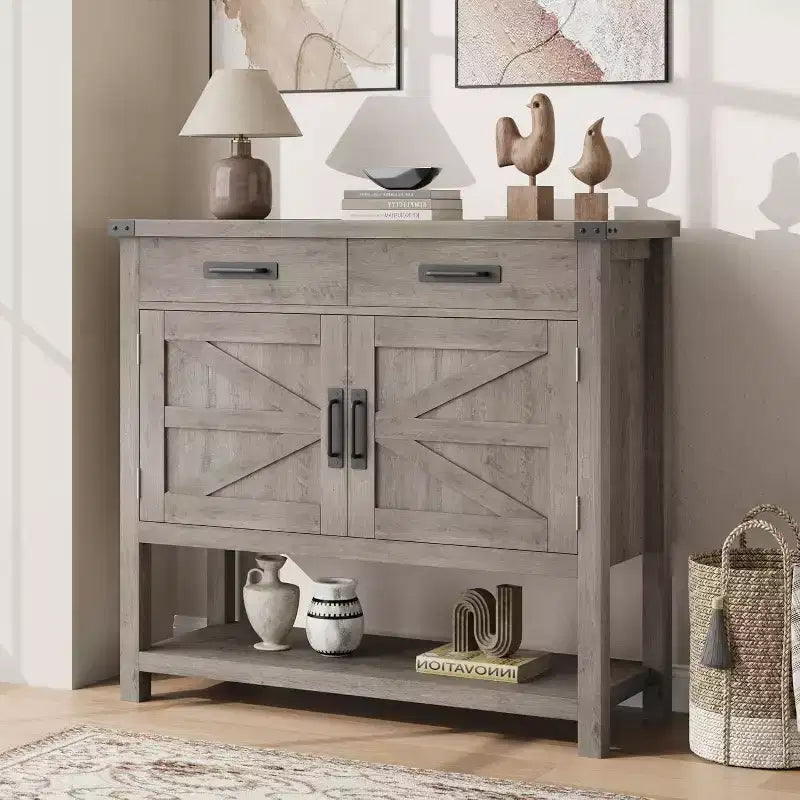 Farmhouse Entryway Table With 2-Door Cabinet & 2 Drawers, Wood Console Table With Storage, Coffee Bar Cabinet, Buffet Sideboard for Home