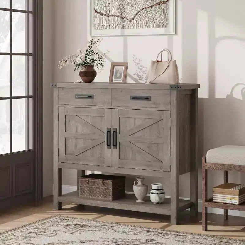 Farmhouse Entryway Table With 2-Door Cabinet & 2 Drawers, Wood Console Table With Storage, Coffee Bar Cabinet, Buffet Sideboard for Home