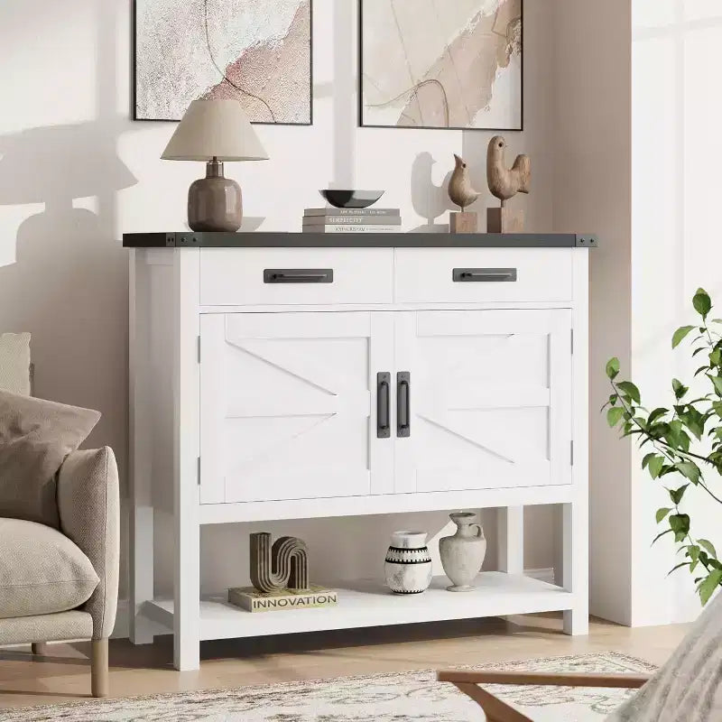Farmhouse Entryway Table With 2-Door Cabinet & 2 Drawers, Wood Console Table With Storage, Coffee Bar Cabinet, Buffet Sideboard for Home