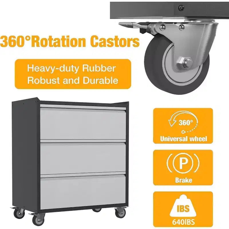 Metal Storage Cabinet with 3 Drawers on Wheels, Heavy Duty Rolling Tool Cart, Mobile Tool Chest for Garage, Workshop, Home, Office, Gray