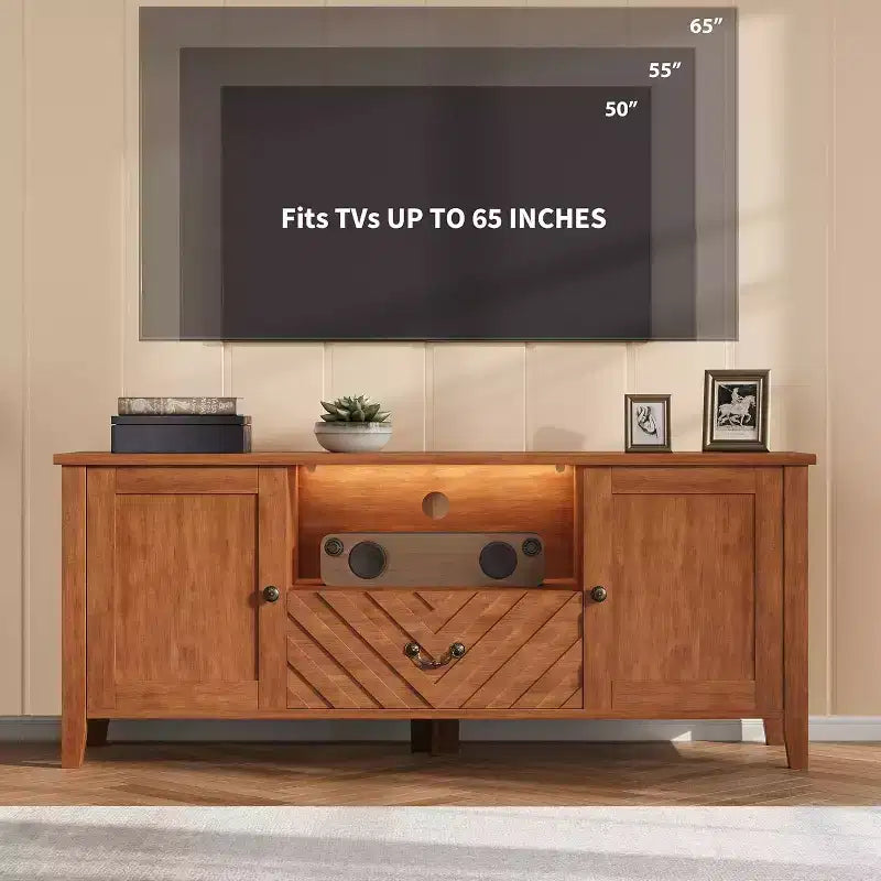 TV Stands for 65 Inch Tv, Entertainment Center with Led Lights,TV Console Table with 2 Storage and 1 Drawer, Retro V-Shaped TV Table for Living Room