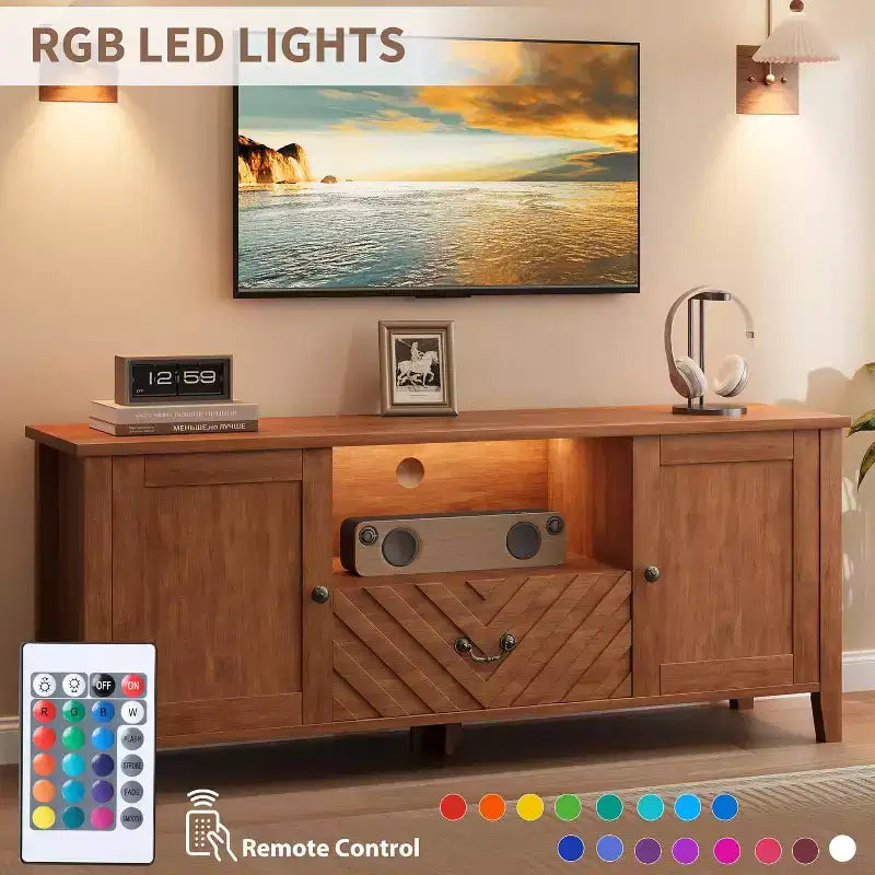 TV Stands for 65 Inch Tv, Entertainment Center with Led Lights,TV Console Table with 2 Storage and 1 Drawer, Retro V-Shaped TV Table for Living Room