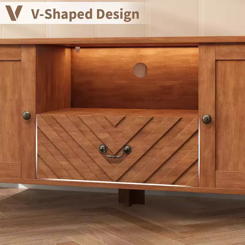 TV Stands for 65 Inch Tv, Entertainment Center with Led Lights,TV Console Table with 2 Storage and 1 Drawer, Retro V-Shaped TV Table for Living Room