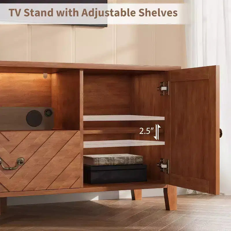 TV Stands for 65 Inch Tv, Entertainment Center with Led Lights,TV Console Table with 2 Storage and 1 Drawer, Retro V-Shaped TV Table for Living Room