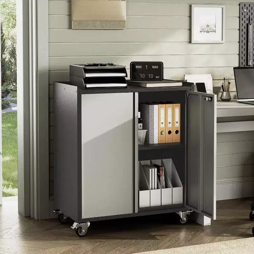 35.43H Locking Metal Cabinet with Door - Rolling Garage Storage with Shelves & Top Workbench (Fence Design) for Garage, Home, Office