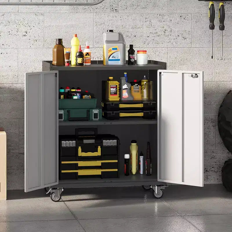 35.43H Locking Metal Cabinet with Door - Rolling Garage Storage with Shelves & Top Workbench (Fence Design) for Garage, Home, Office