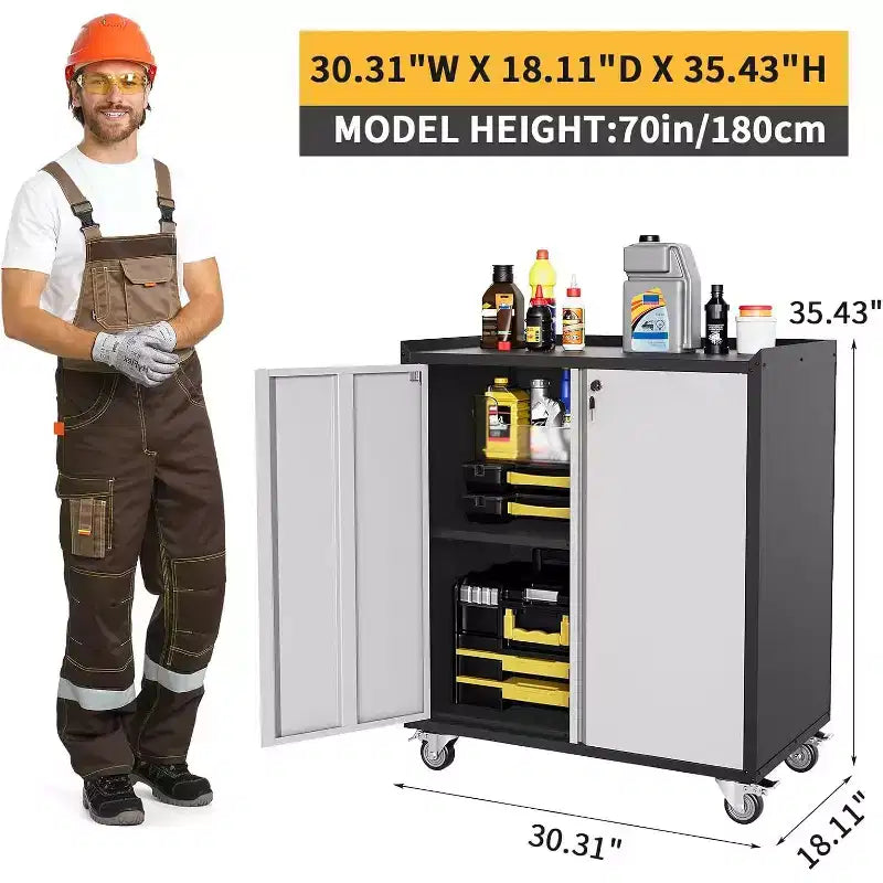 35.43H Locking Metal Cabinet with Door - Rolling Garage Storage with Shelves & Top Workbench (Fence Design) for Garage, Home, Office