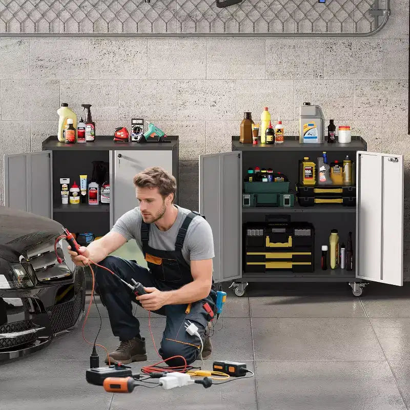35.43H Locking Metal Cabinet with Door - Rolling Garage Storage with Shelves & Top Workbench (Fence Design) for Garage, Home, Office