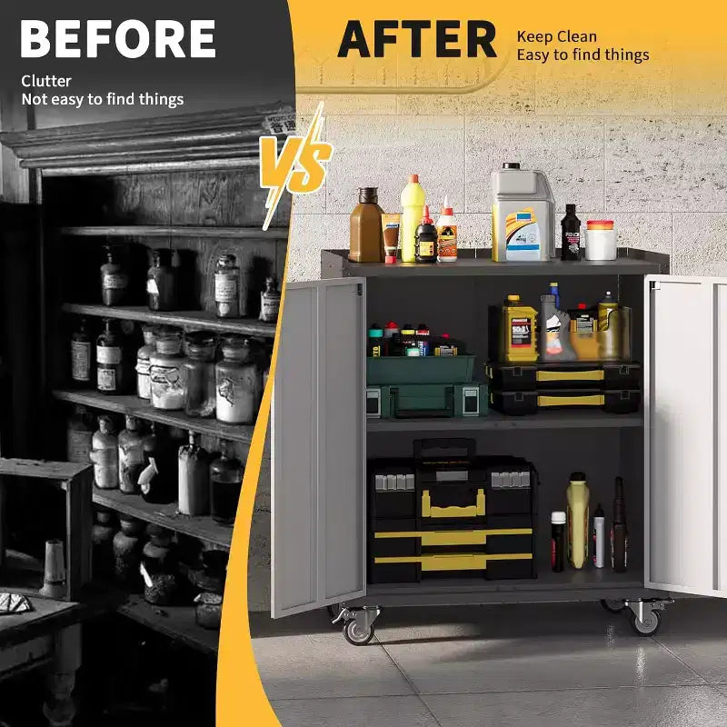 35.43H Locking Metal Cabinet with Door - Rolling Garage Storage with Shelves & Top Workbench (Fence Design) for Garage, Home, Office