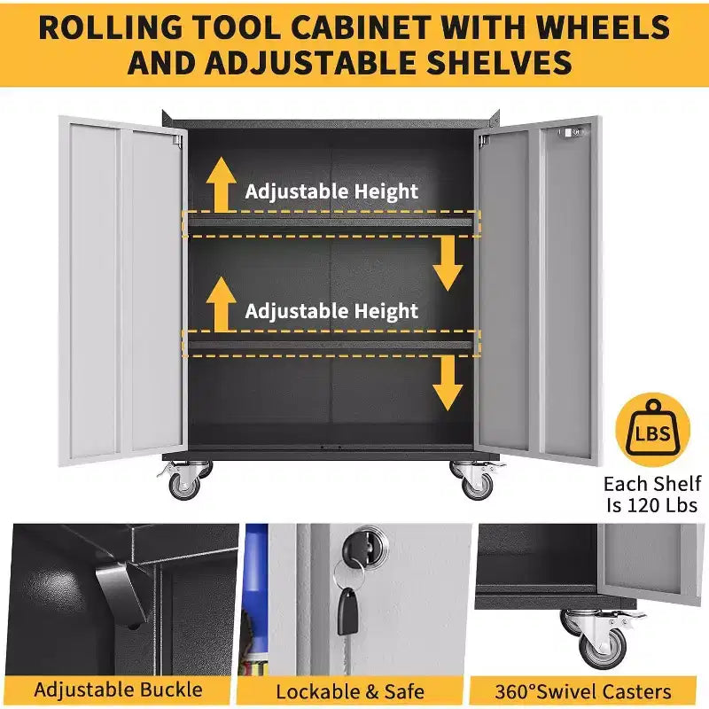 35.43H Locking Metal Cabinet with Door - Rolling Garage Storage with Shelves & Top Workbench (Fence Design) for Garage, Home, Office