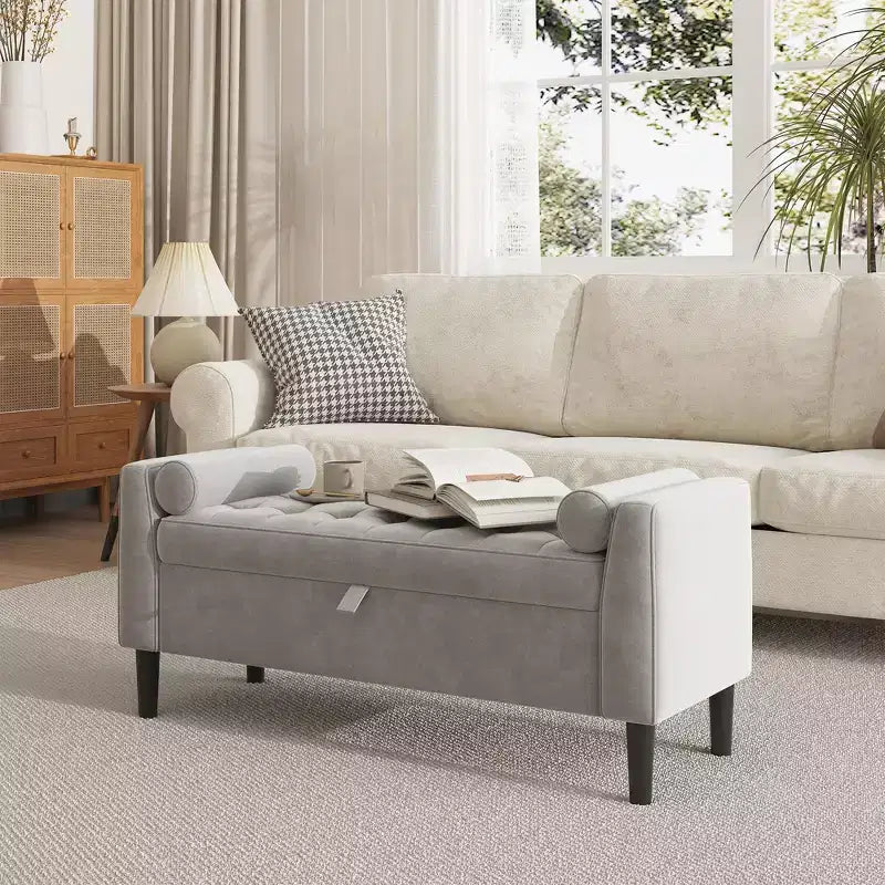 46.5 Storage Bench Ottoman - Upholstered End of Bed Bench with Button-Tufted Design for Bedroom, Entryway