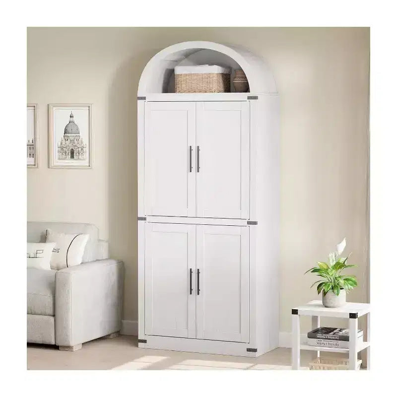 Coolmee Arched Bookshelf with Doors, Farmhouse Display Storage Shelves, 71.4in Tall Wooden Rounded Bookcases for Living Room, Kitchen, Office