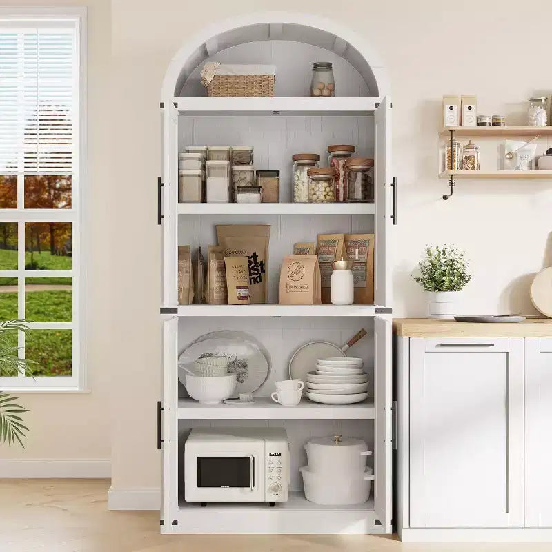 Coolmee Arched Bookshelf with Doors, Farmhouse Display Storage Shelves, 71.4in Tall Wooden Rounded Bookcases for Living Room, Kitchen, Office