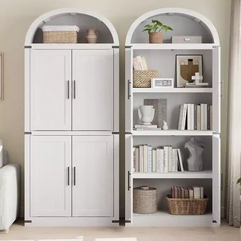 Coolmee Arched Bookshelf with Doors, Farmhouse Display Storage Shelves, 71.4in Tall Wooden Rounded Bookcases for Living Room, Kitchen, Office