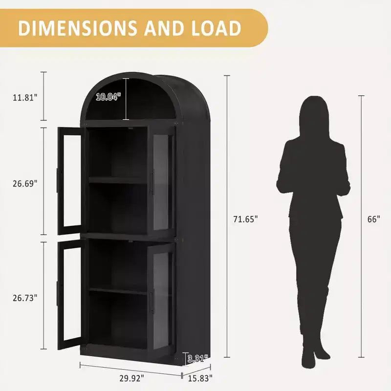 Coolmee Arched Bookshelf with Doors, Farmhouse Display Storage Shelves, 71.4in Tall Wooden Rounded Bookcases for Living Room, Kitchen, Office