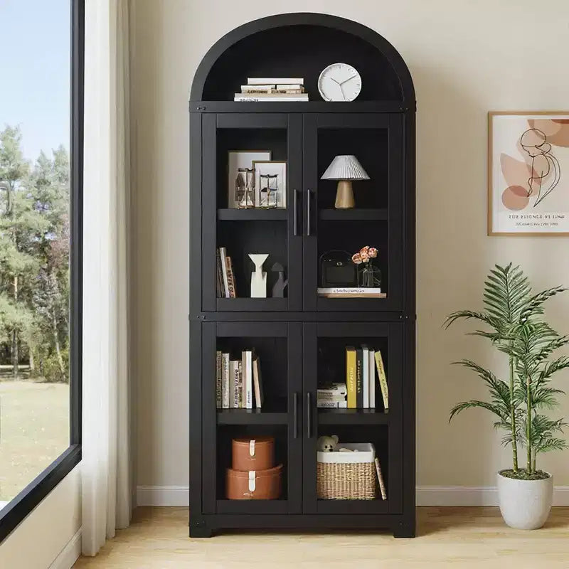 Coolmee Arched Bookshelf with Doors, Farmhouse Display Storage Shelves, 71.4in Tall Wooden Rounded Bookcases for Living Room, Kitchen, Office