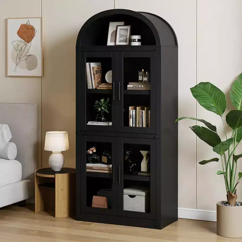 Coolmee Arched Bookshelf with Doors, Farmhouse Display Storage Shelves, 71.4in Tall Wooden Rounded Bookcases for Living Room, Kitchen, Office